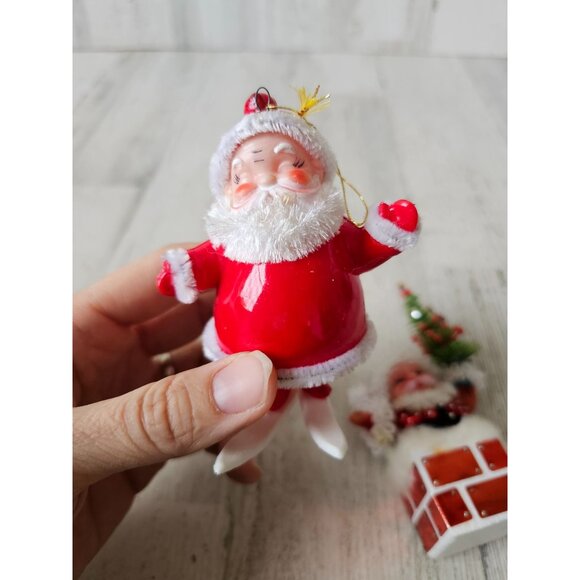 Vintage flocked Santa skier plastic chimney tree ornament beaded Xmas Santa with - Picture 2 of 15